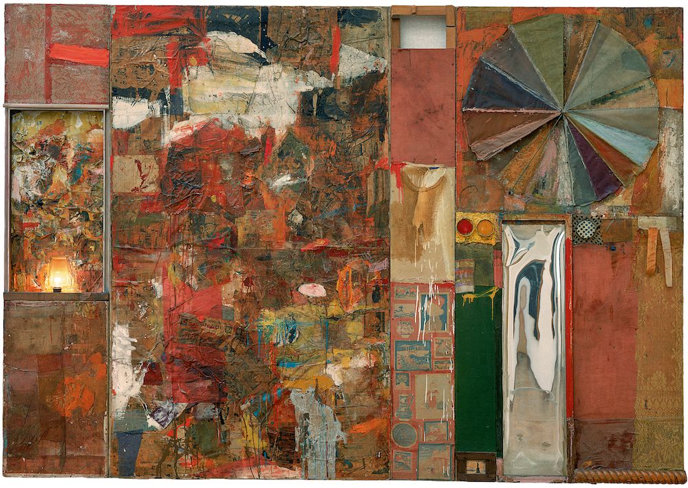 Robert Rauschenberg. Charlene. 1954. Oil, charcoal, printed reproductions, newspaper, wood, plastic mirror, men’s undershirt, umbrella, lace, ribbons and other fabrics, and metal on Homasote, mounted on wood, with electric light, overall: 7 ft. 5 in. × 9 ft. 4 in. × 3 1/2 in. (226.1 × 284.5 × 8.9 cm). Stedelijk Museum, Amsterdam. © 2017 Robert Rauschenberg Foundation<br/>